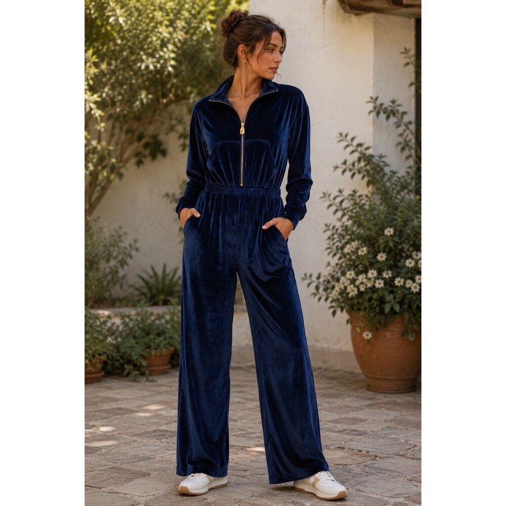 Fabletics Velour Zip Up Wide Leg Jumpsuit One Piece Navy Blue XXL